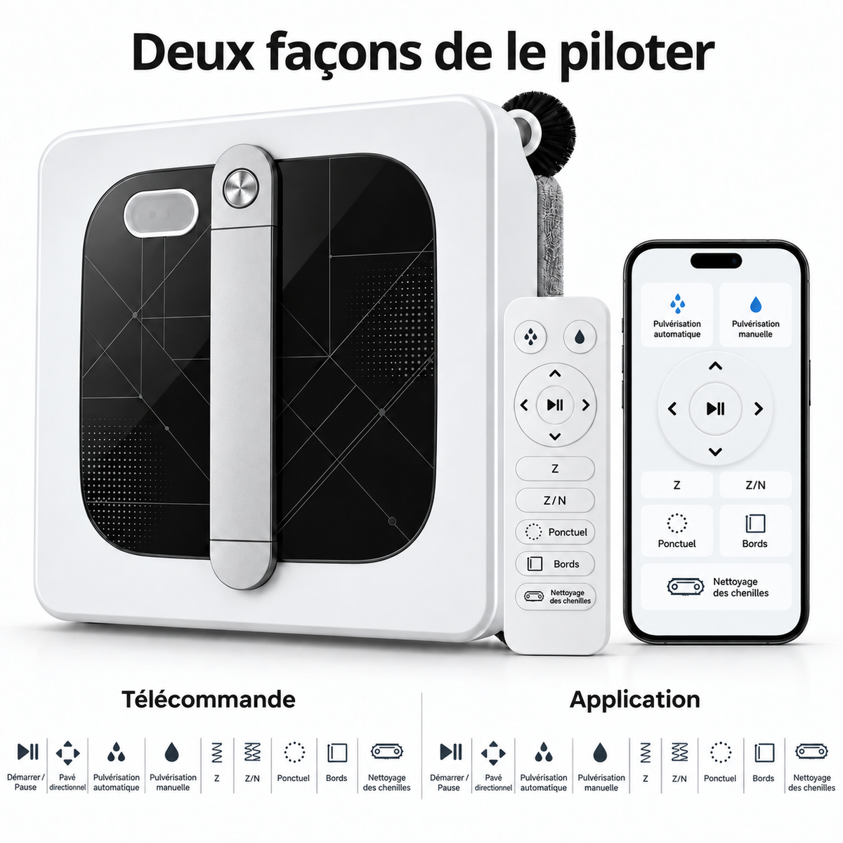 Les deux moyens de piloter le robot Clairis : télécommande et application, avec les parcours Z, Z/N, ponctuel et bords