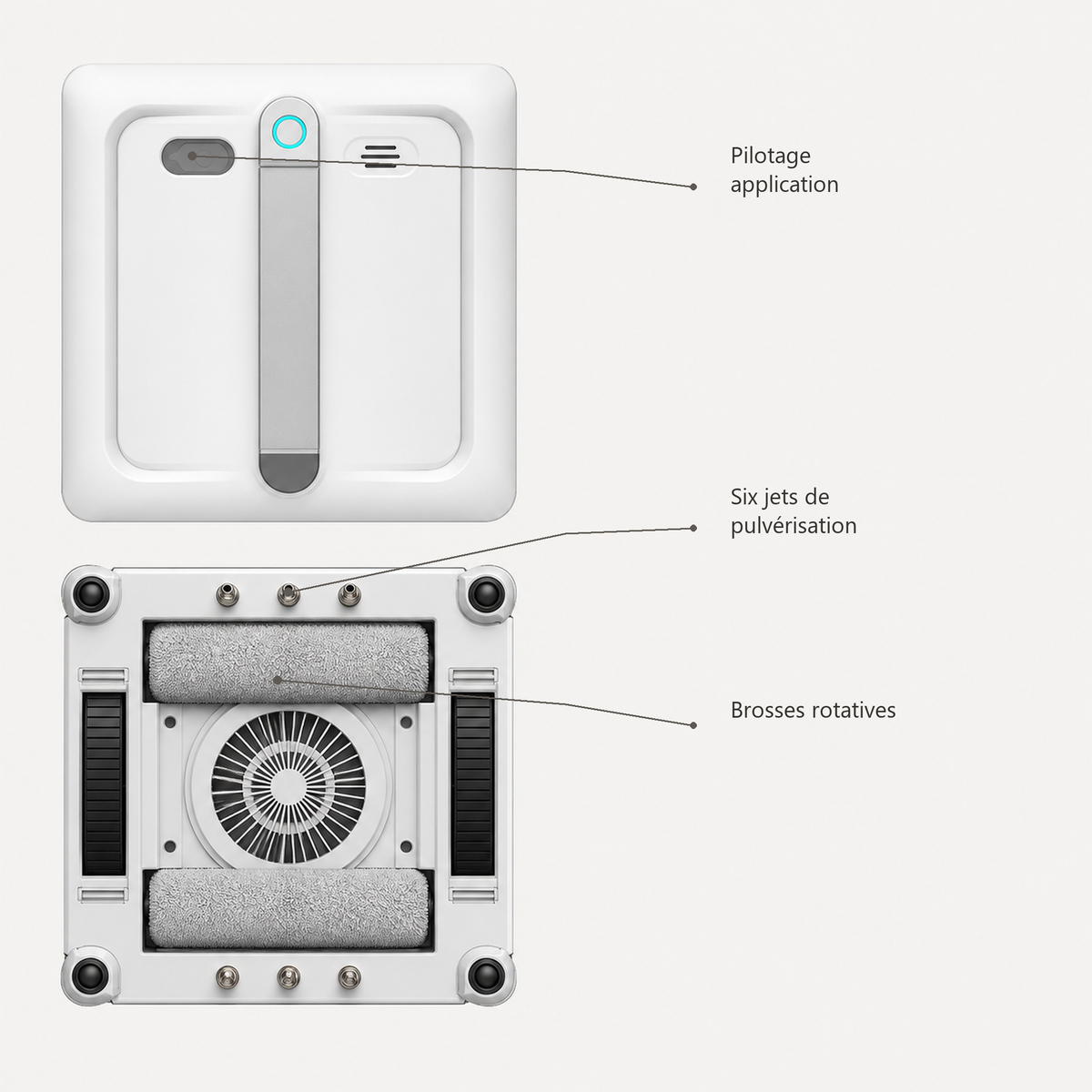 Robot lave-vitres Névia — vue annotée des composants