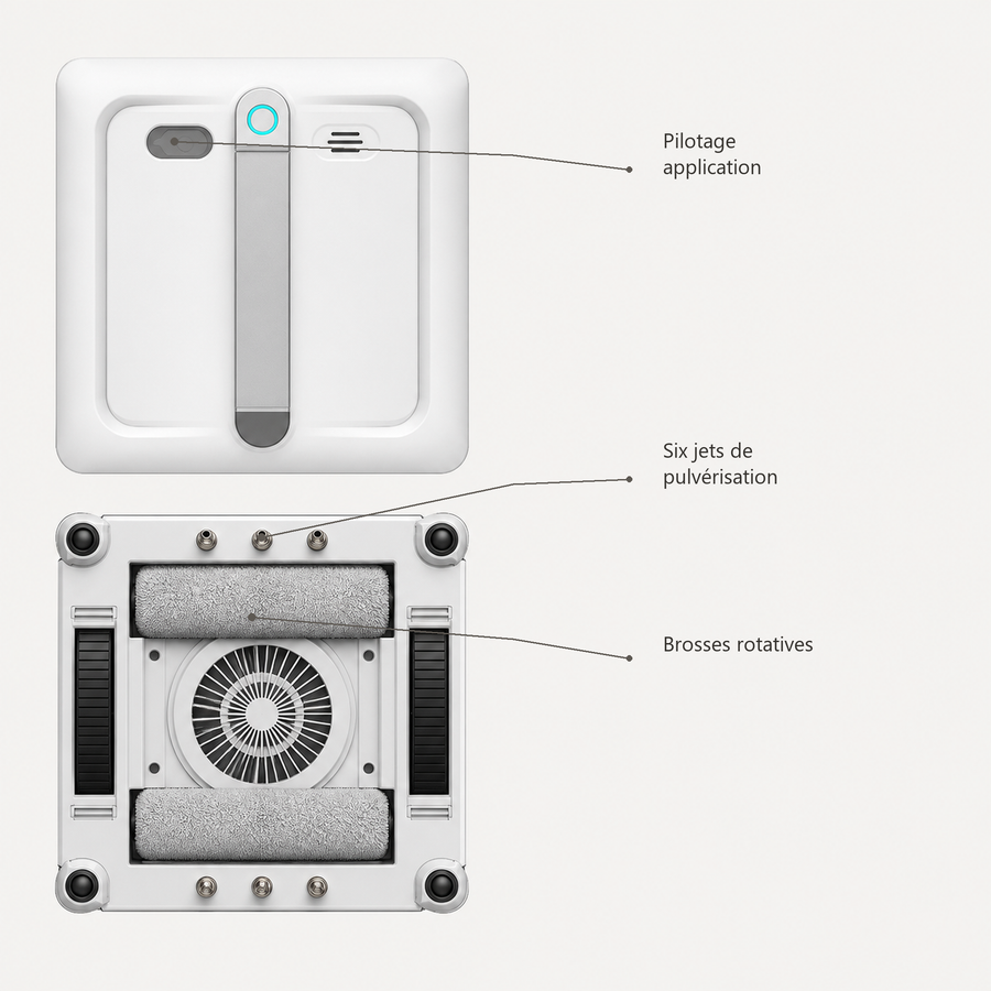 Robot lave-vitres Névia — vue annotée des composants