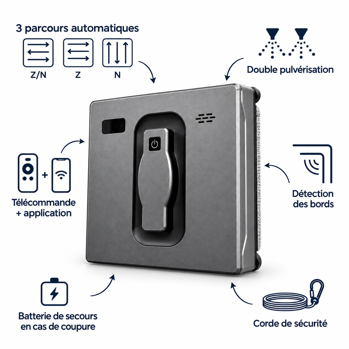 Fonctions du robot lave-vitres Vitréo : trois parcours automatiques, double pulvérisation, télécommande et application, détection des bords, protection contre les coupures de courant, corde de sécurité
