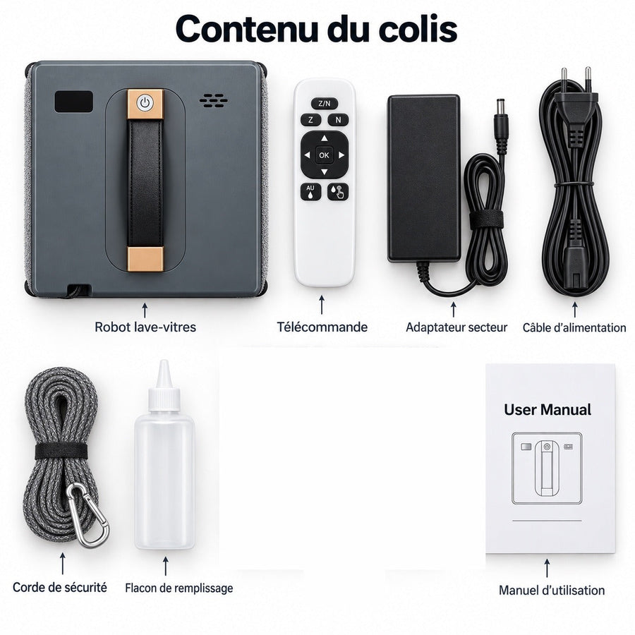 Contenu du colis du robot lave-vitres Aqualis. Microfibres non représentées : quantité incluse à confirmer.