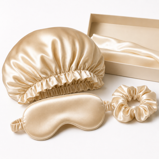 Nocève — Coffret accessoires en soie (bonnet, masque, chouchou) — coloris Champagne