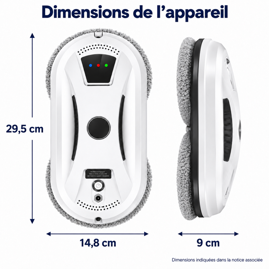 Dimensions du robot lave-vitres Éloria : 29,5 cm de haut, 14,8 cm de large, 9 cm d'épaisseur