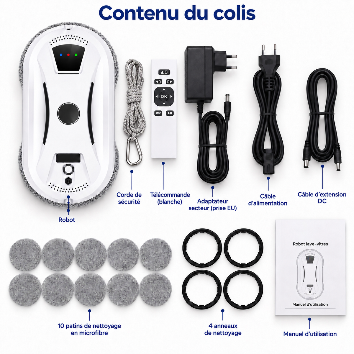 Contenu du colis Éloria : robot, corde de sécurité et mousqueton, télécommande, adaptateur secteur prise EU, câble d'alimentation, rallonge DC, dix patins microfibre, quatre anneaux de nettoyage et manuel