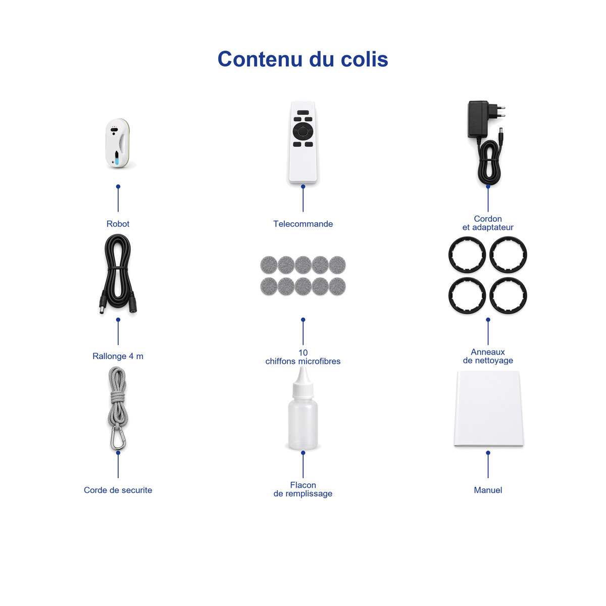Contenu du colis du robot lave-vitres Lucéa : robot, télécommande, corde de sécurité, adaptateur, microfibres et notice