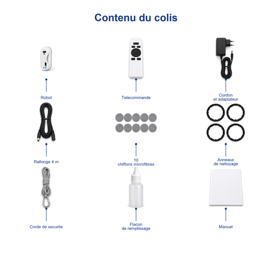 Contenu du colis Lucea : robot, telecommande, cordon et adaptateur, rallonge de 4 m, dix chiffons microfibres, anneaux de nettoyage, corde de securite, flacon pulverisateur, manuel