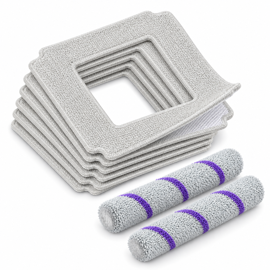 Lot de six microfibres carrées et deux brosses rouleaux de rechange pour le robot lave-vitres Névia