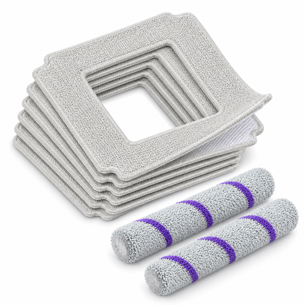 Lot de six microfibres carrées et deux brosses rouleaux de rechange pour le robot lave-vitres Névia