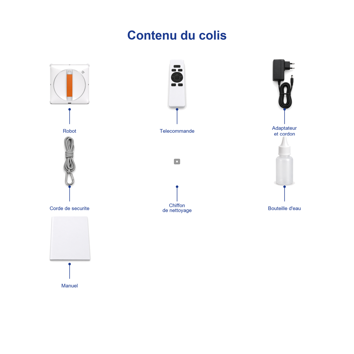 Contenu du colis du robot lave-vitres Novéa : robot, télécommande, corde de sécurité, adaptateur, microfibres et notice