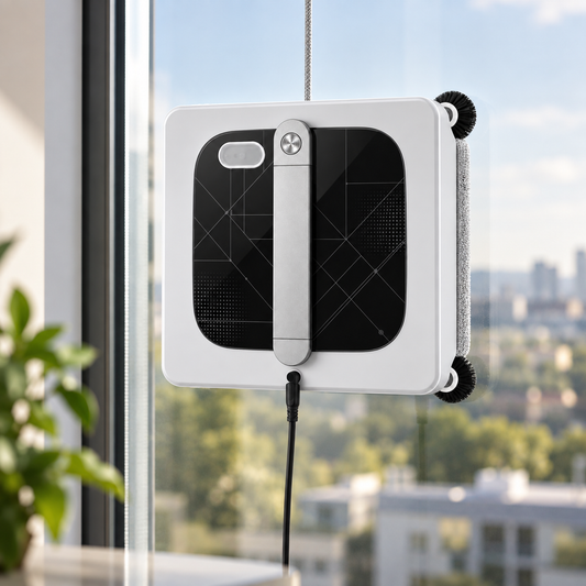 Robot lave-vitres en fonctionnement sur une fenêtre, corde de sécurité et câble d'alimentation visibles
