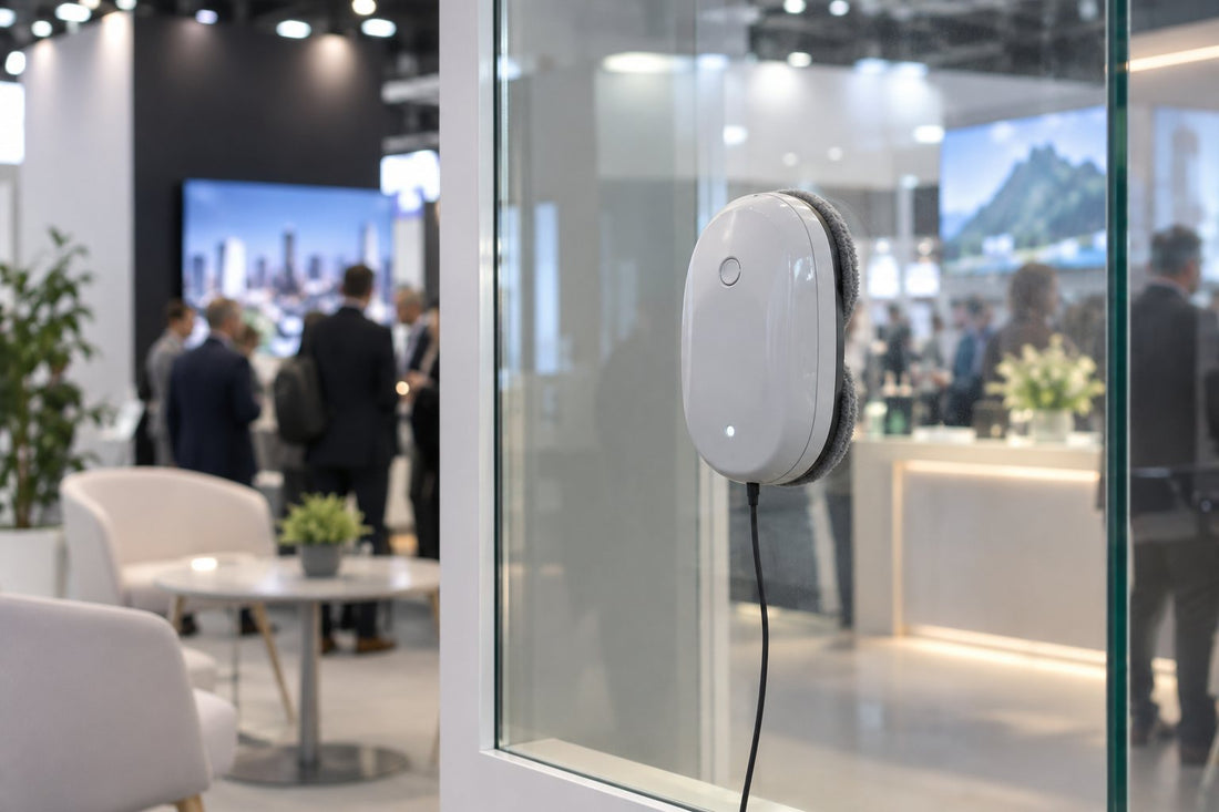 Robot lave-vitres sur une vitre de démonstration dans un salon professionnel