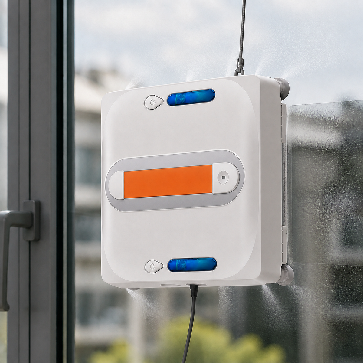 Robot lave-vitres Althéa en fonctionnement : pulvérisation sur une vitre