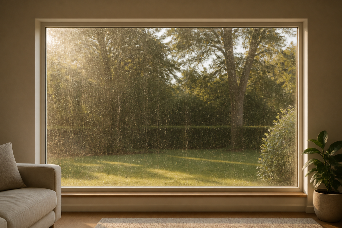 Avant nettoyage : baie vitrée avec traces révélées par la lumière rasante