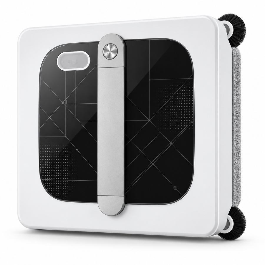 Robot lave-vitres Clairis blanc vu de trois quarts sur fond blanc, brosses d'angle et bande microfibre visibles