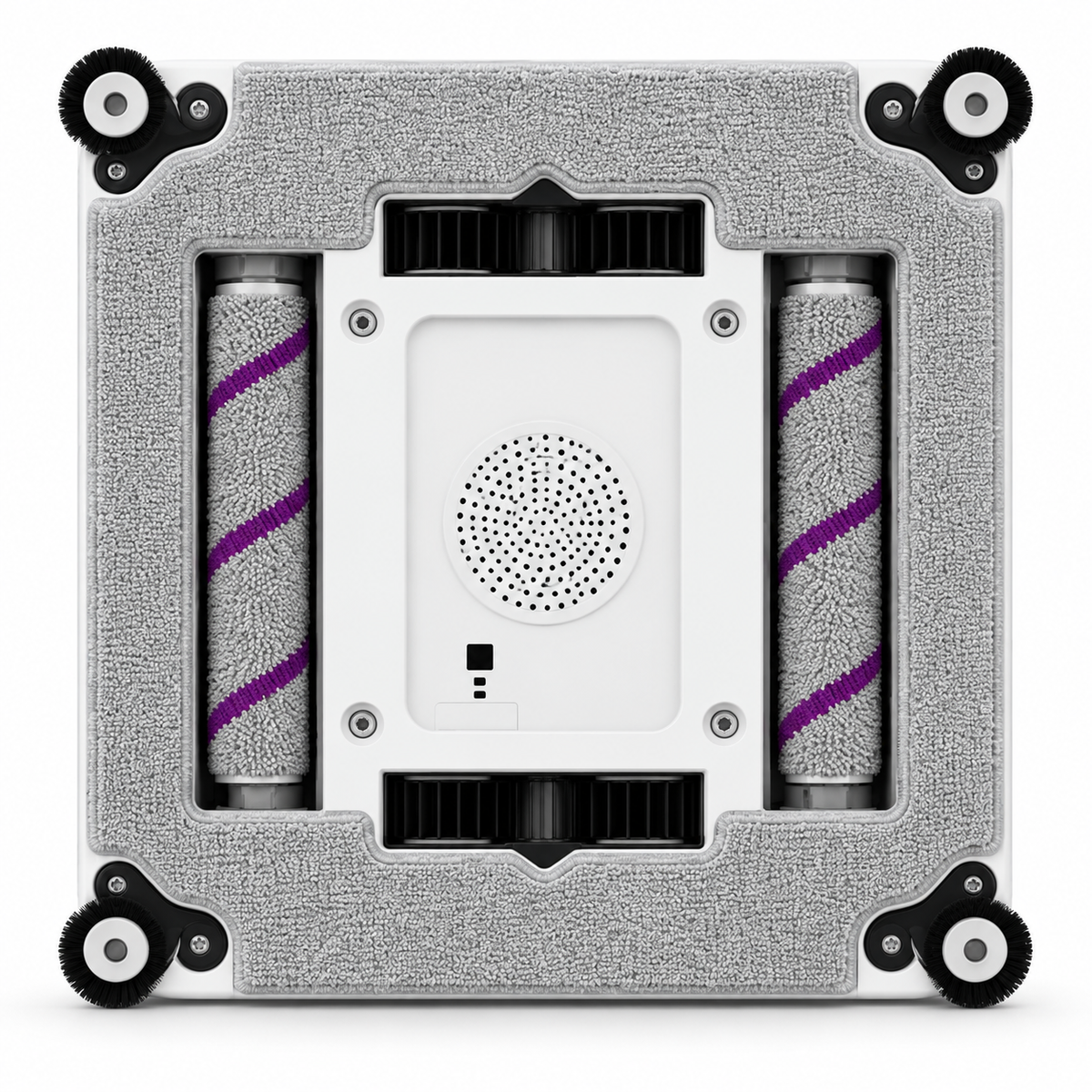 Dessous du robot lave-vitres Clairis : deux brosses rouleaux, quatre brosses d'angle, patin microfibre et turbine centrale