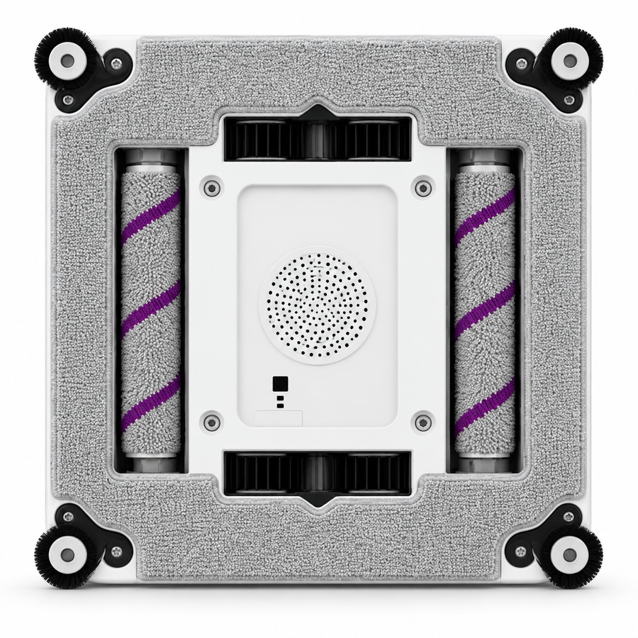 Dessous du robot lave-vitres Clairis : deux brosses rouleaux, quatre brosses d'angle, patin microfibre et turbine centrale