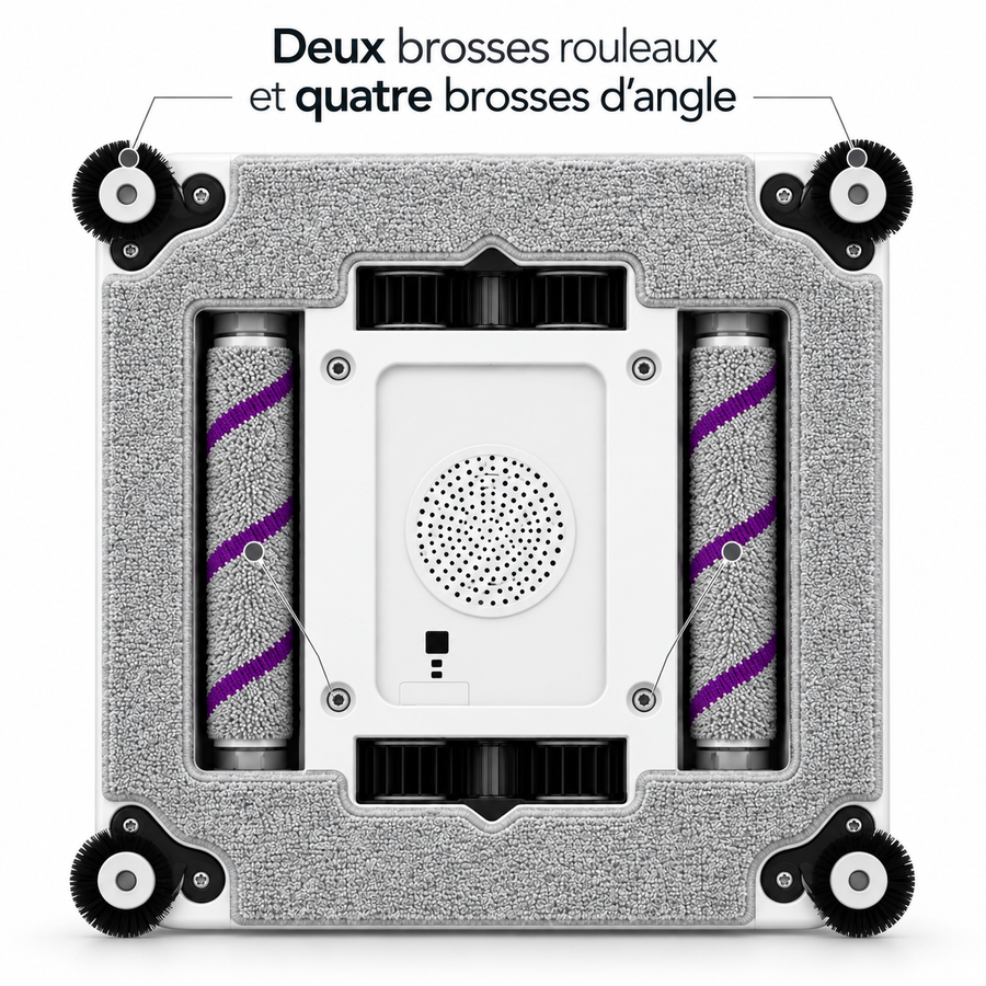 Dessous annoté du robot Clairis : deux brosses rouleaux et quatre brosses d'angle