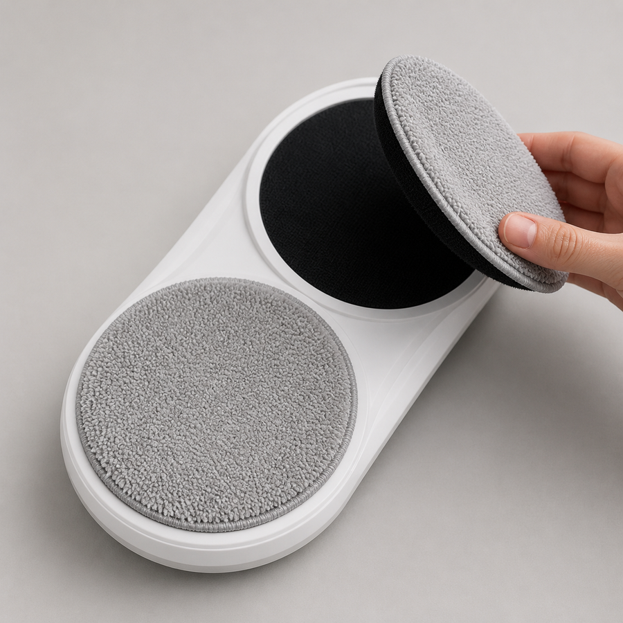 Pose d'une microfibre ronde sur le disque de nettoyage d'un robot lave-vitres à double disque