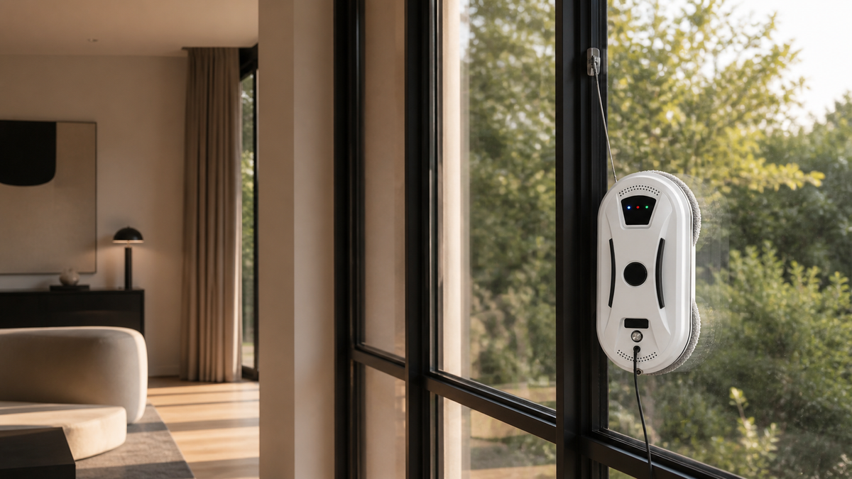 Robot lave-vitres Lucéa en fonctionnement dans un séjour lumineux