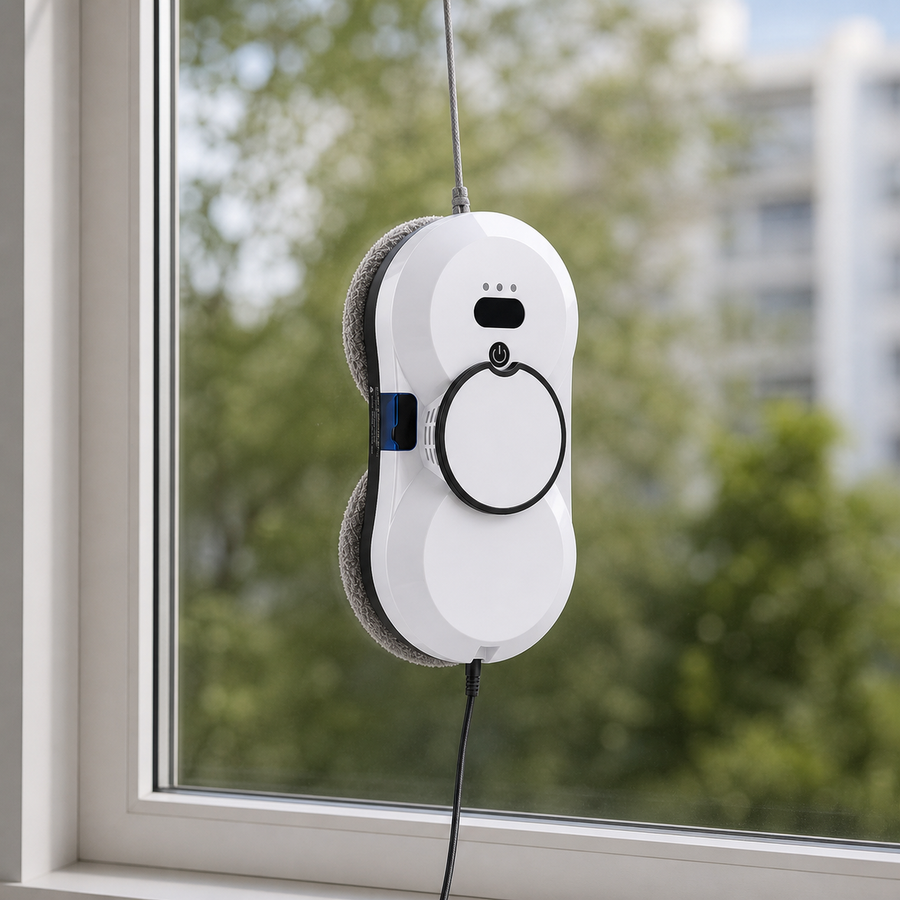 Robot lave-vitres compact Sélia — en fonctionnement sur une petite vitre