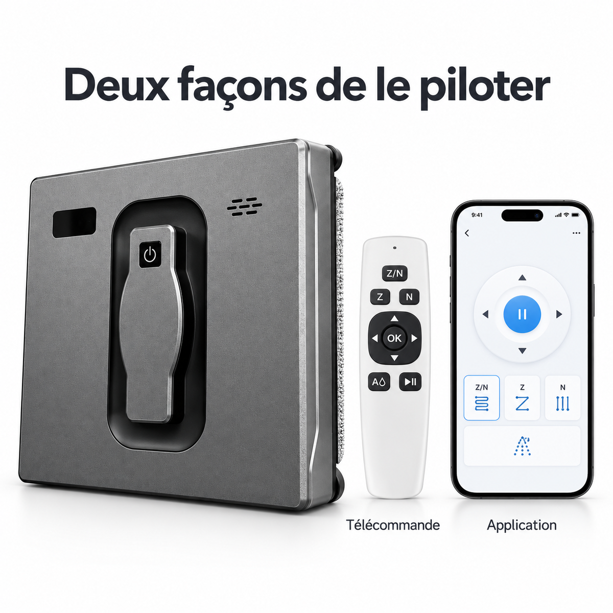 Robot lave-vitres Vitréo avec sa télécommande et l'application mobile, les deux moyens de pilotage
