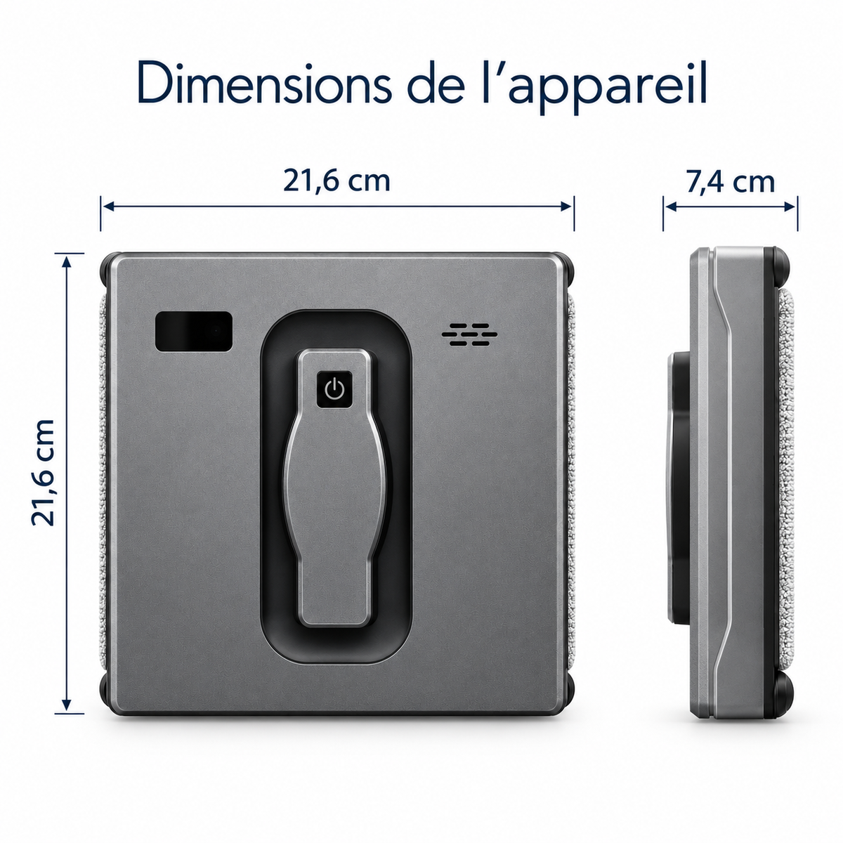Dimensions du robot lave-vitres Vitréo : 21,6 cm de large, 21,6 cm de haut, 7,4 cm d'épaisseur