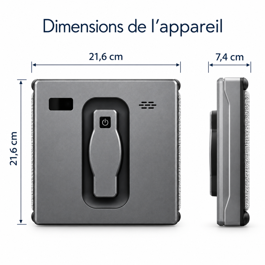 Dimensions du robot lave-vitres Vitréo : 21,6 cm de large, 21,6 cm de haut, 7,4 cm d'épaisseur