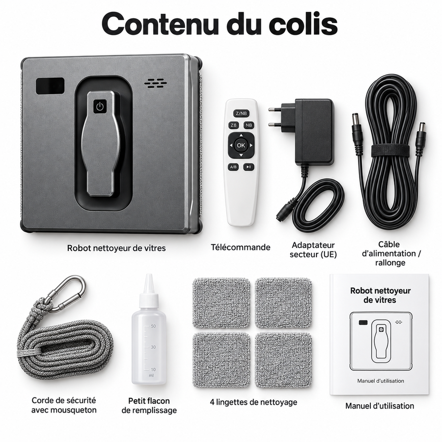 Contenu du colis Vitréo : le robot, la télécommande, l'adaptateur secteur, le câble, la corde de sécurité et son mousqueton, le flacon de remplissage, les chiffons et le manuel