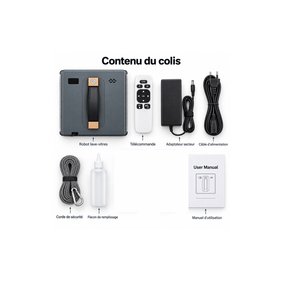 Contenu du colis du robot lave-vitres Aqualis : robot, télécommande, corde de sécurité, adaptateur, microfibres et notice