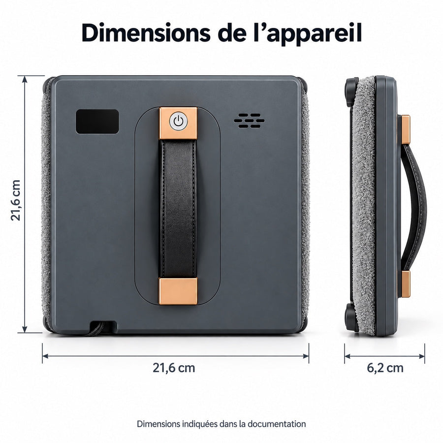 Dimensions du robot lave-vitres Aqualis 21,6 cm par 21,6 cm