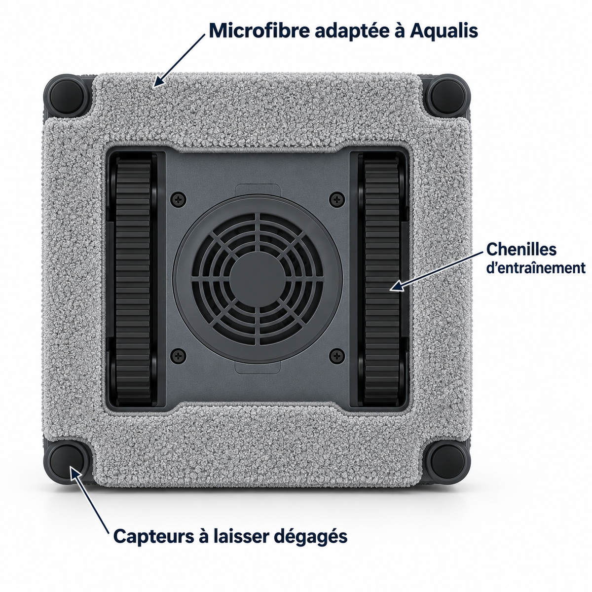 Dessous du robot lave-vitres Aqualis avec microfibre, chenilles et capteurs