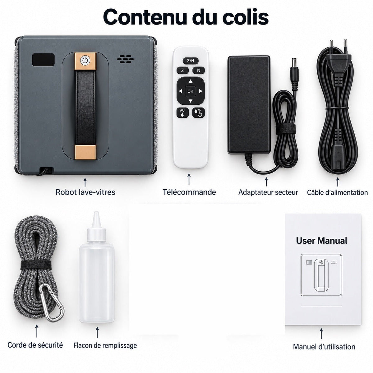 Contenu du colis du robot lave-vitres Aqualis. Microfibres non représentées : quantité incluse à confirmer.