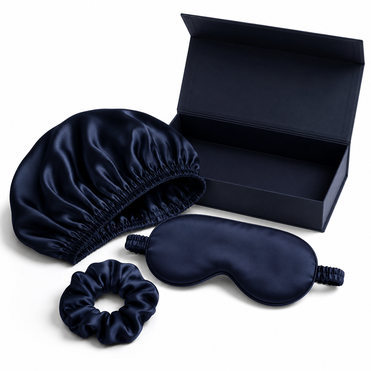 Nocève — Coffret accessoires en soie (bonnet, masque, chouchou) — coloris Bleu nuit