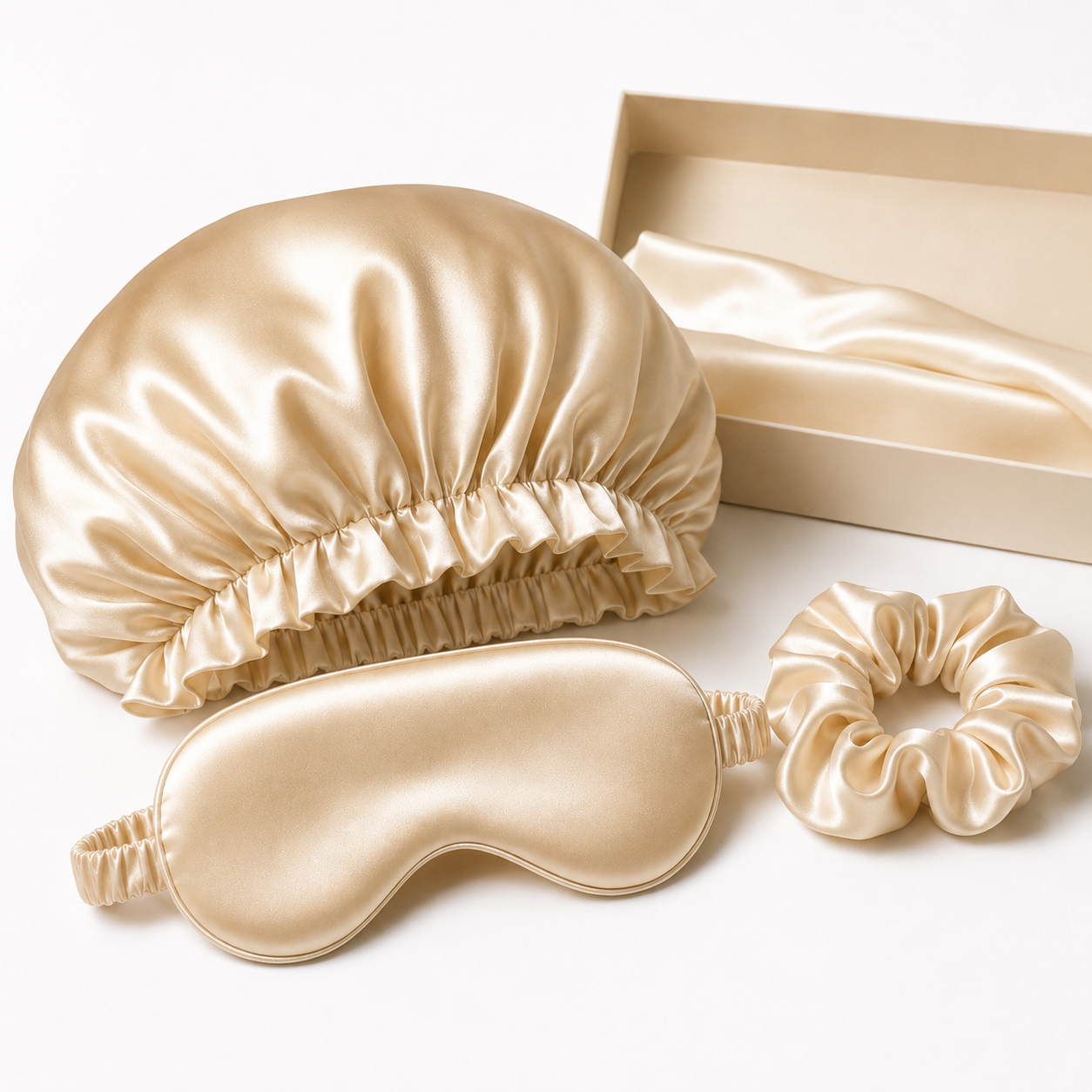 Nocève — Coffret accessoires en soie (bonnet, masque, chouchou) — coloris Champagne