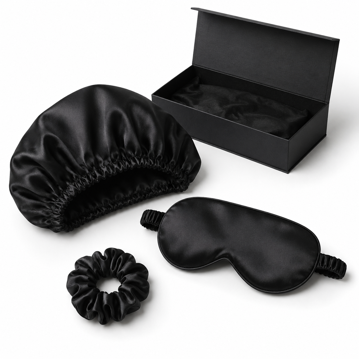 Nocève — Coffret accessoires en soie (bonnet, masque, chouchou) — coloris Noir
