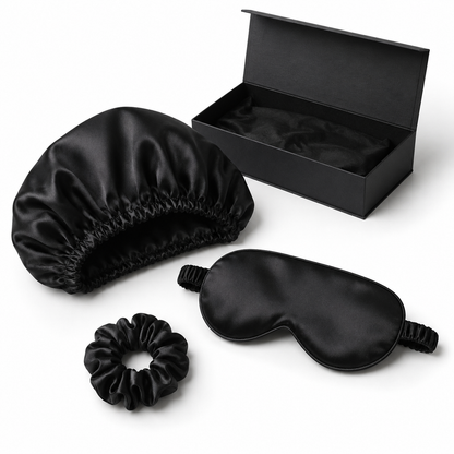 Nocève — Coffret accessoires en soie (bonnet, masque, chouchou) — coloris Noir