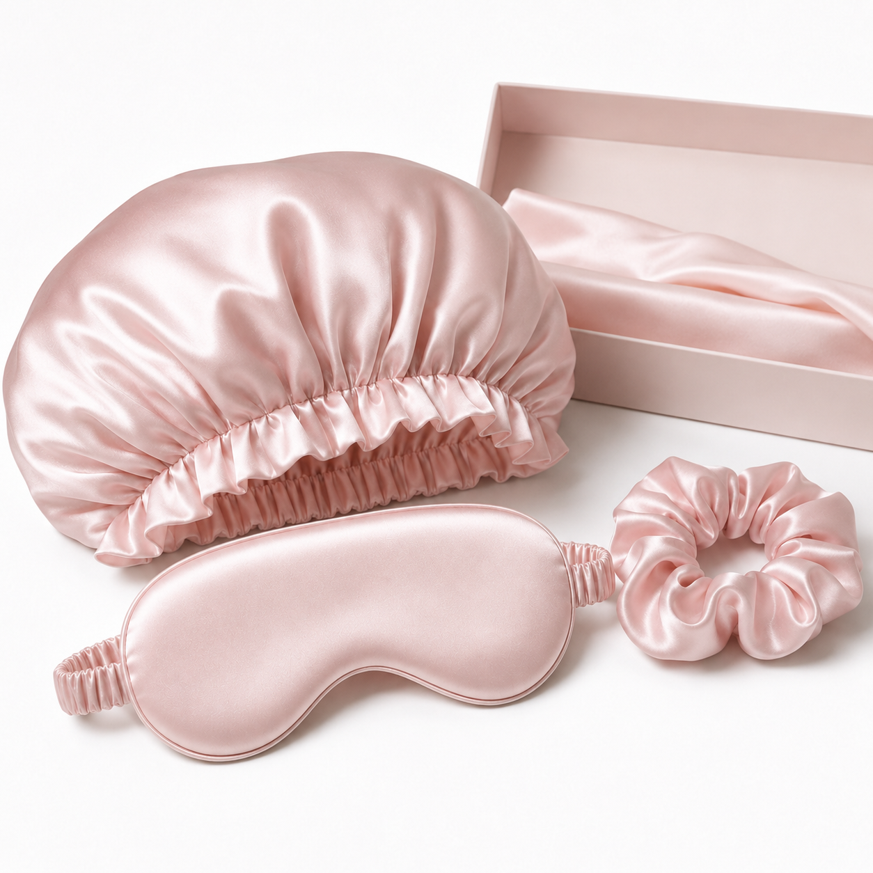 Nocève — Coffret accessoires en soie (bonnet, masque, chouchou) — coloris Rose poudré
