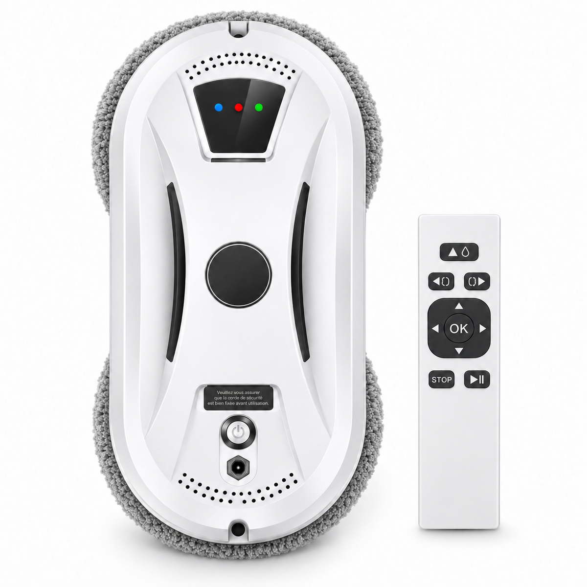 Robot lave-vitres Éloria vu de face et sa télécommande