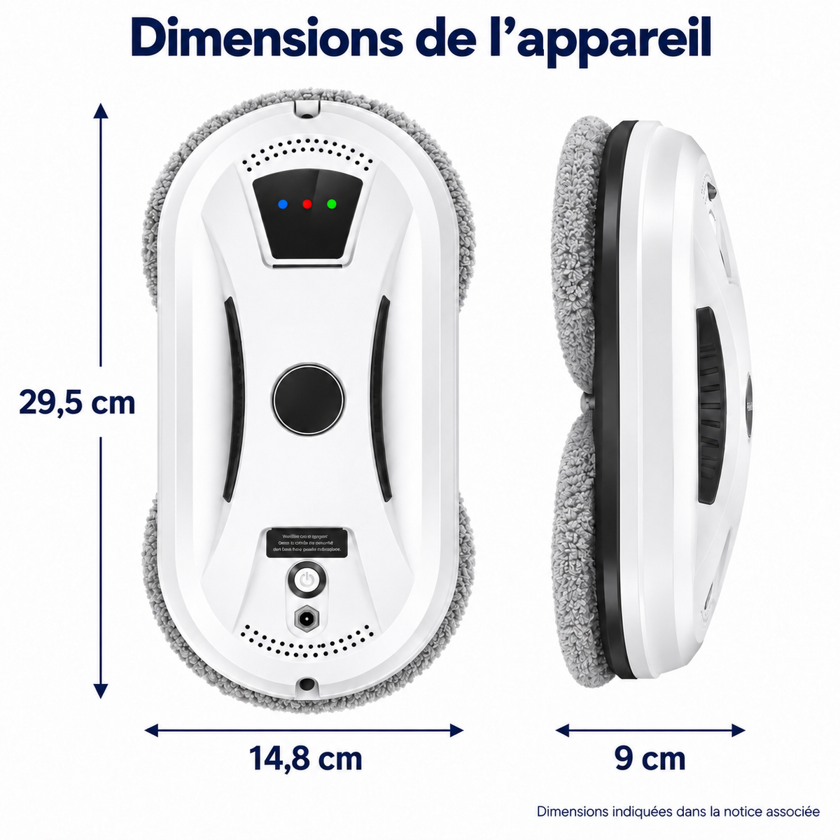 Dimensions du robot lave-vitres Éloria : 29,5 cm de haut, 14,8 cm de large, 9 cm d'épaisseur