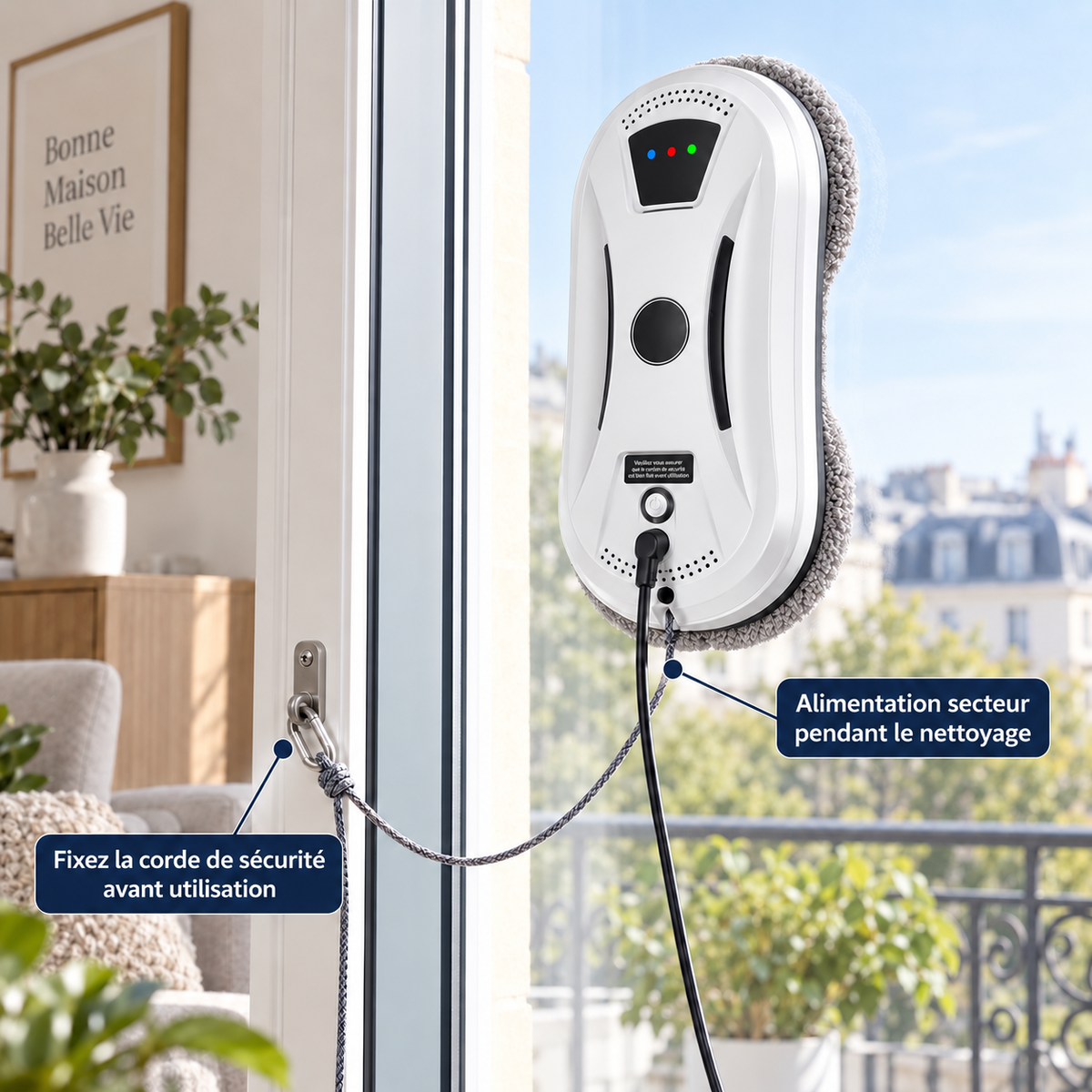 Robot lave-vitres Éloria en fonctionnement sur une fenêtre à cadre, corde de sécurité fixée et alimentation secteur branchée
