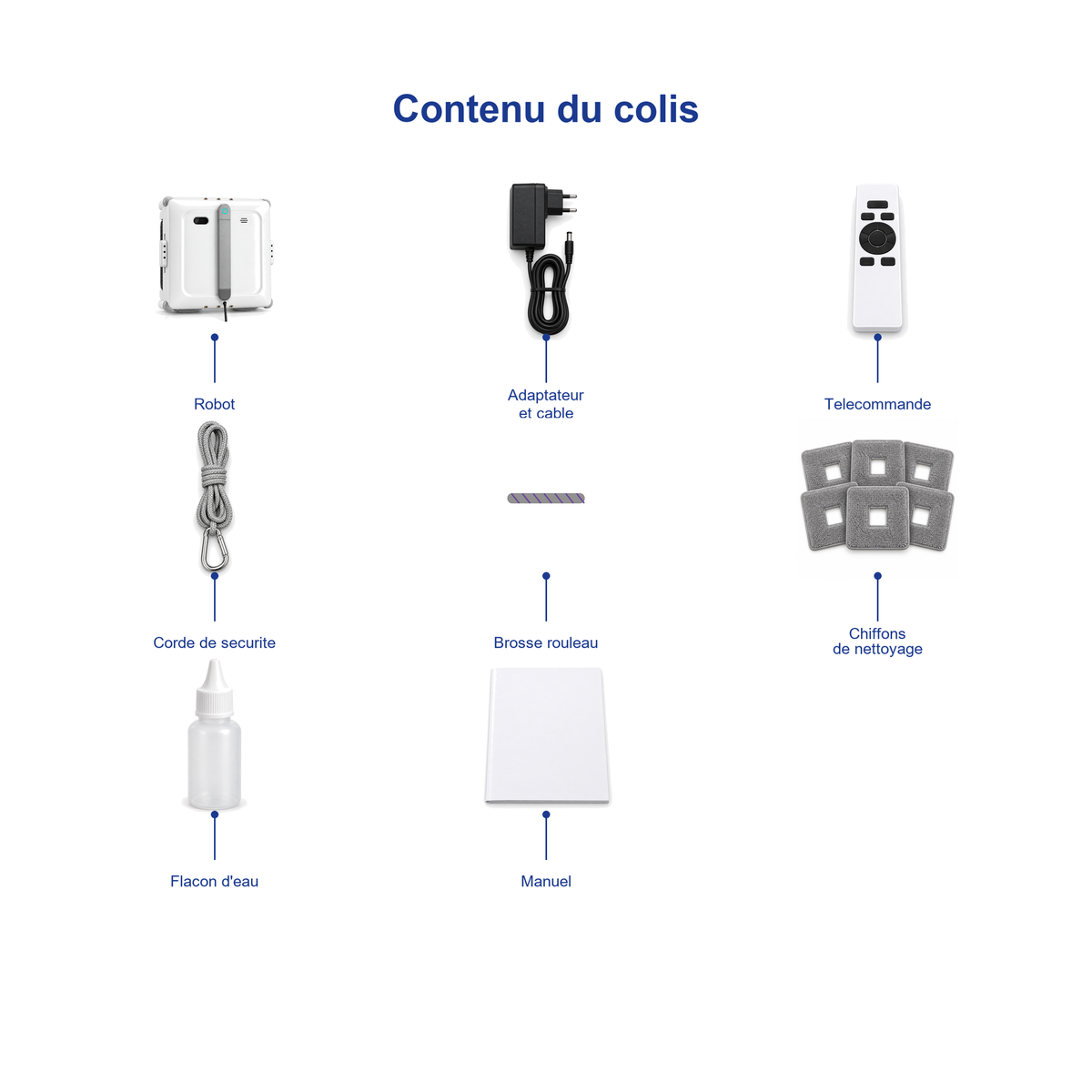 Contenu du colis du robot lave-vitres Névia : robot, télécommande, corde de sécurité, adaptateur, microfibres et notice
