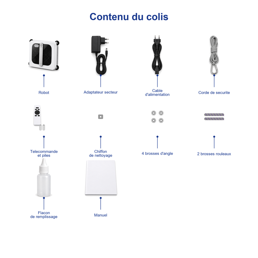 Contenu du colis Clairis : robot, adaptateur, cable, corde de securite, telecommande et piles, chiffon microfibre, quatre brosses d'angle, deux brosses rouleaux, flacon, manuel