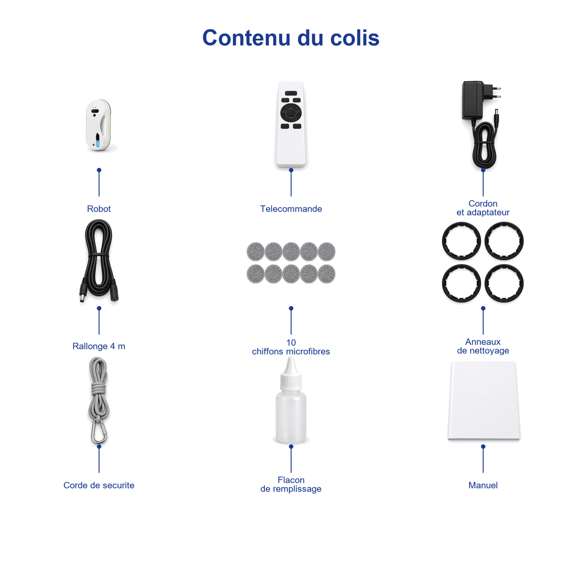 Contenu du colis Lucea : robot, telecommande, cordon et adaptateur, rallonge de 4 m, dix chiffons microfibres, anneaux de nettoyage, corde de securite, flacon pulverisateur, manuel