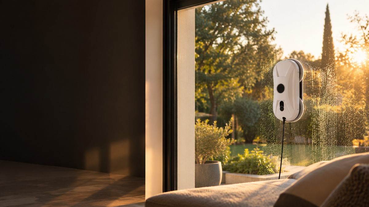 Robot lave-vitres Nocève en fonctionnement sur une baie vitrée au soleil couchant, gouttes d’eau sur le verre et jardin en arrière-plan
