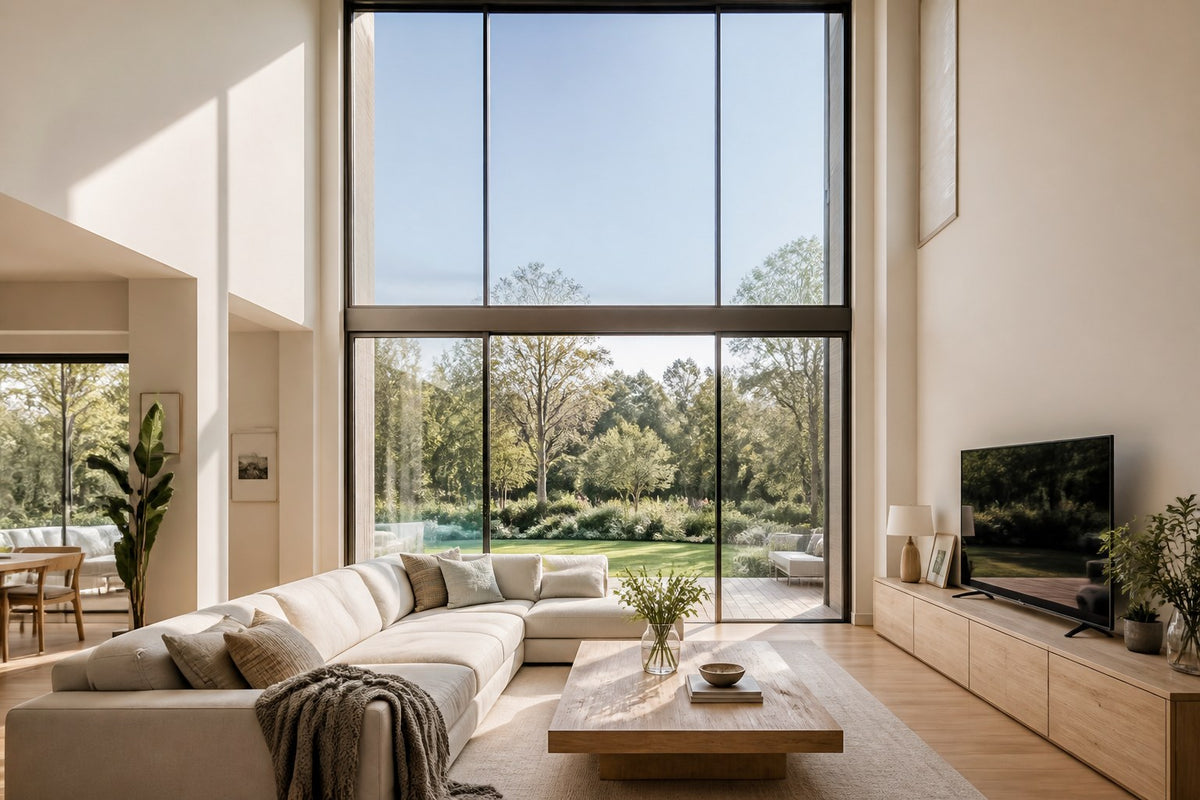 Intérieur contemporain avec grande baie vitrée