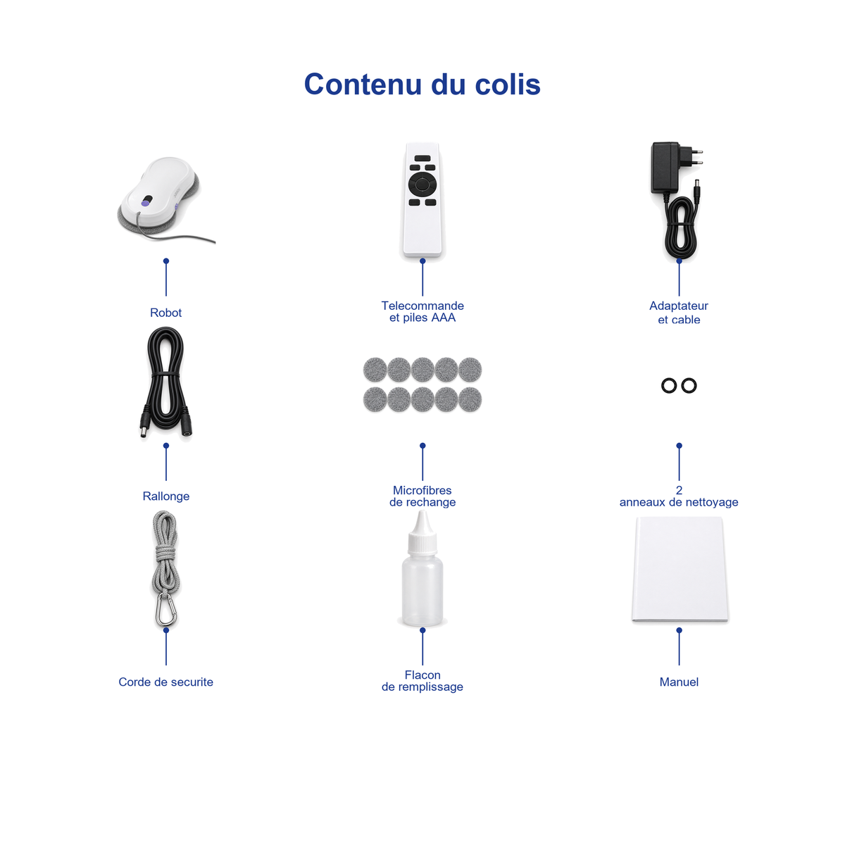 Contenu du colis du robot lave-vitres Veléa : robot, télécommande, corde de sécurité, adaptateur, microfibres et notice