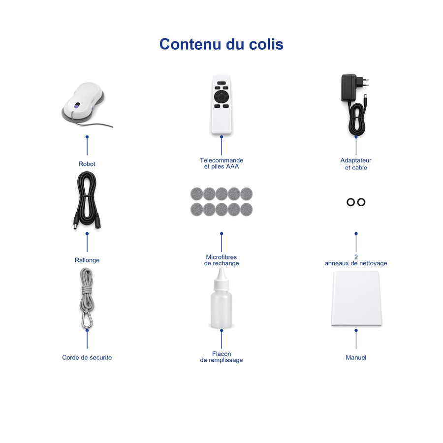 Contenu du colis du robot lave-vitres Veléa : robot, télécommande, corde de sécurité, adaptateur, microfibres et notice