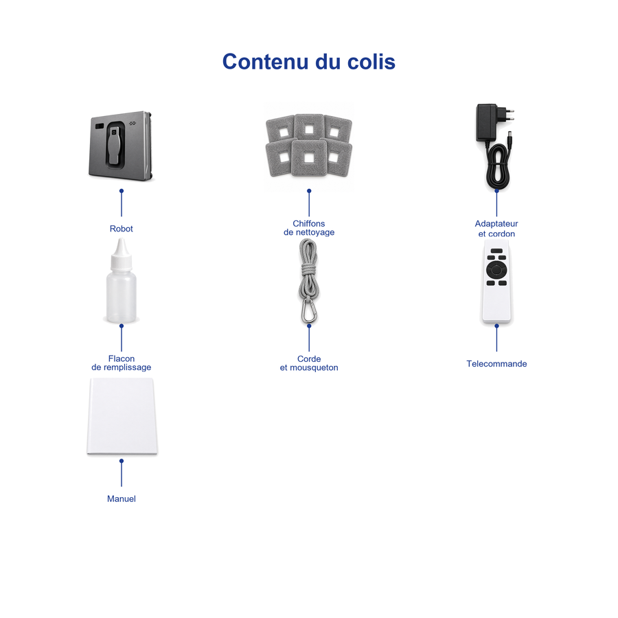 Contenu du colis du robot lave-vitres Vitréo : robot, télécommande, corde de sécurité, adaptateur, microfibres et notice