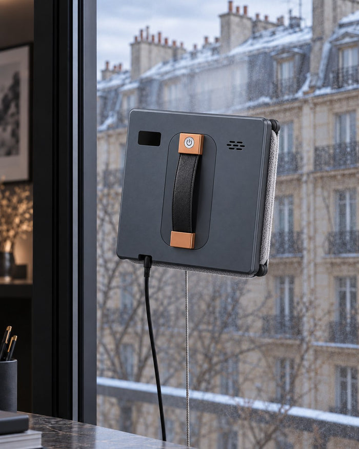 Aqualis — Robot lave-vitres à double pulvérisation au travail sur une fenêtre