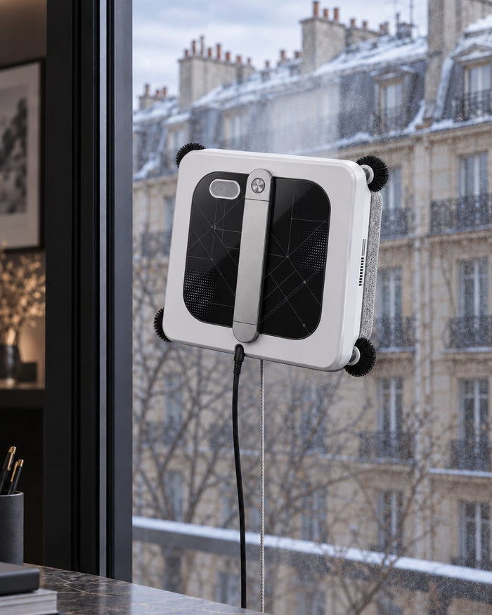 Clairis — Robot lave-vitres à brosses d’angle au travail sur une fenêtre